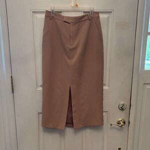 Tailored Taupe Midi Pencil Skirt with Front Vent